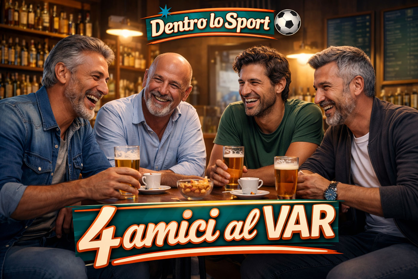 Quattro amici al bar discutono di calcio con birre e caffè – rubrica 4 amici al VAR Dentro lo Sport